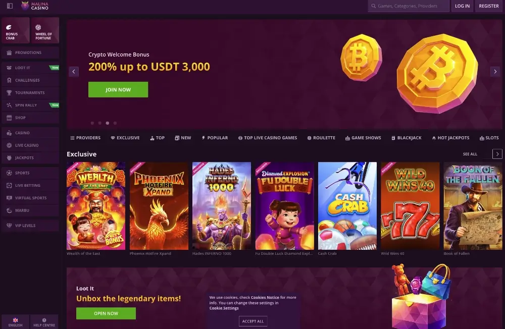 Malina Casino homepage