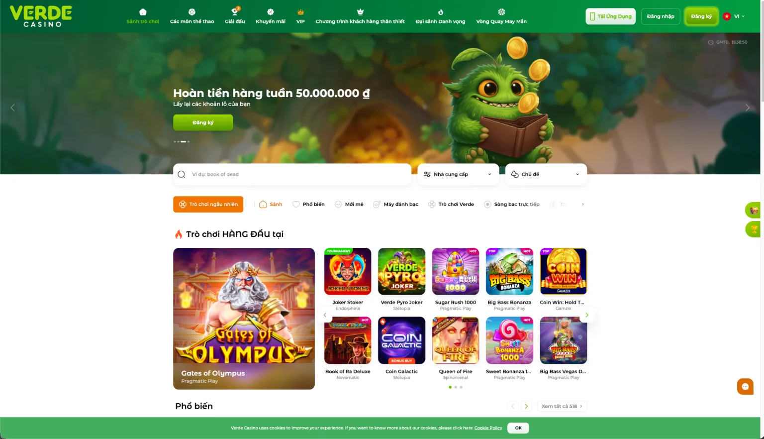 Verde Casino giao diện slot và live casino