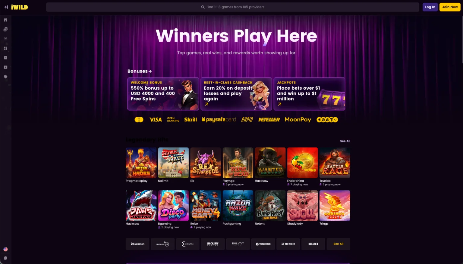 iWildCasino giao diện casino trực tuyến đa dạng game